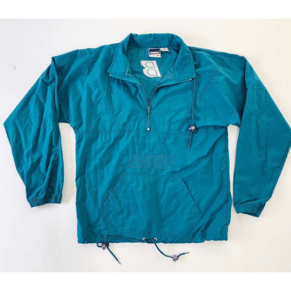 Vintage Bike Windbreaker Pullover Teal Blue Quarter Zip Nylon Jacket Small